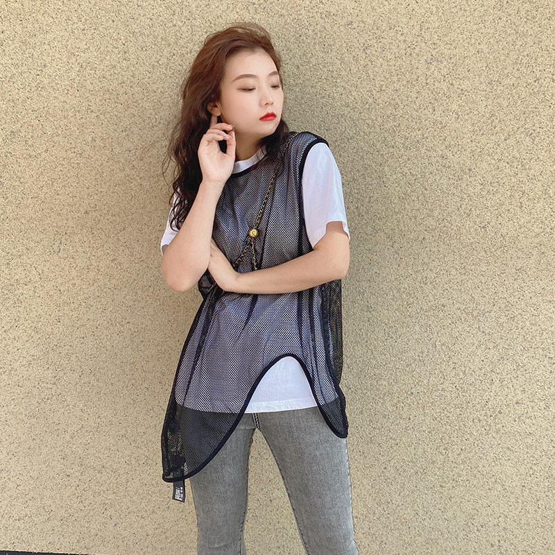 美式镂空背心罩衫长款无袖蕾丝衫圆弧下摆设计感黑色大码网格上衣