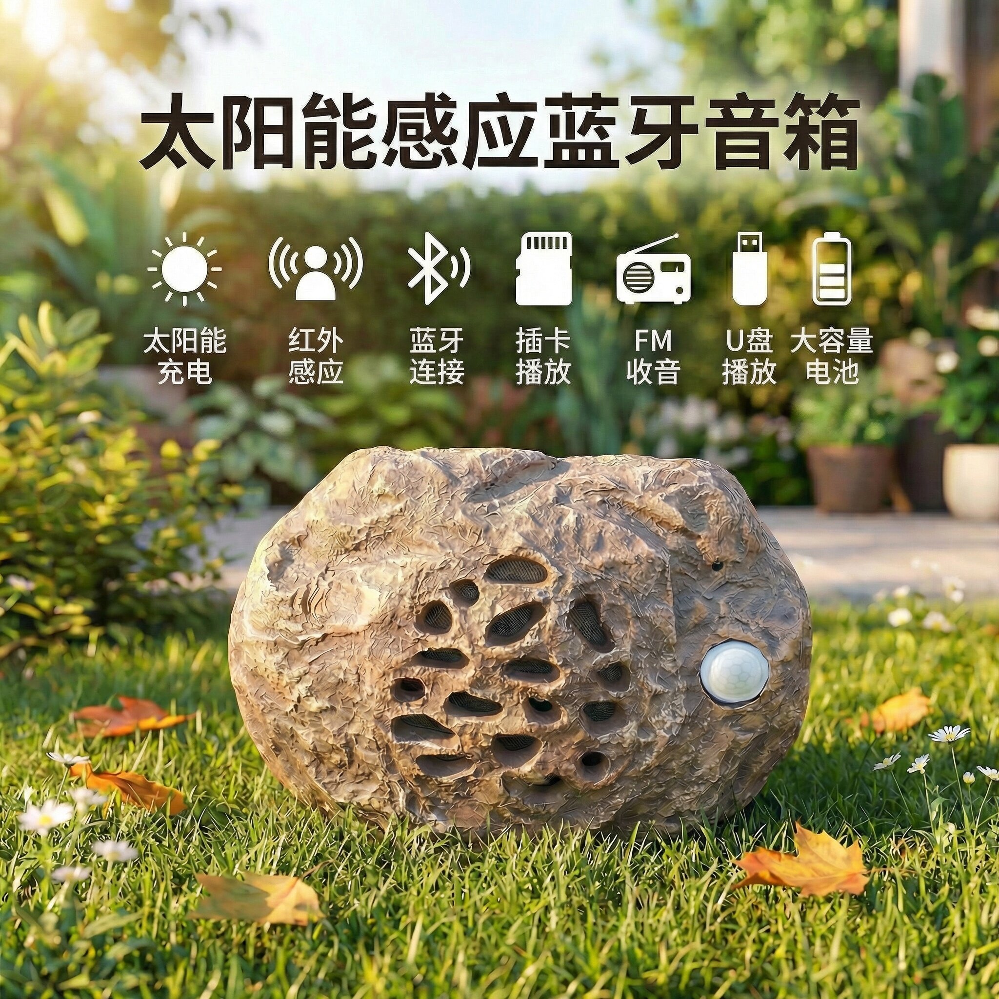 太阳能插卡蓝牙音箱无线石头音响感应蓝牙插卡民宿别墅花园音箱