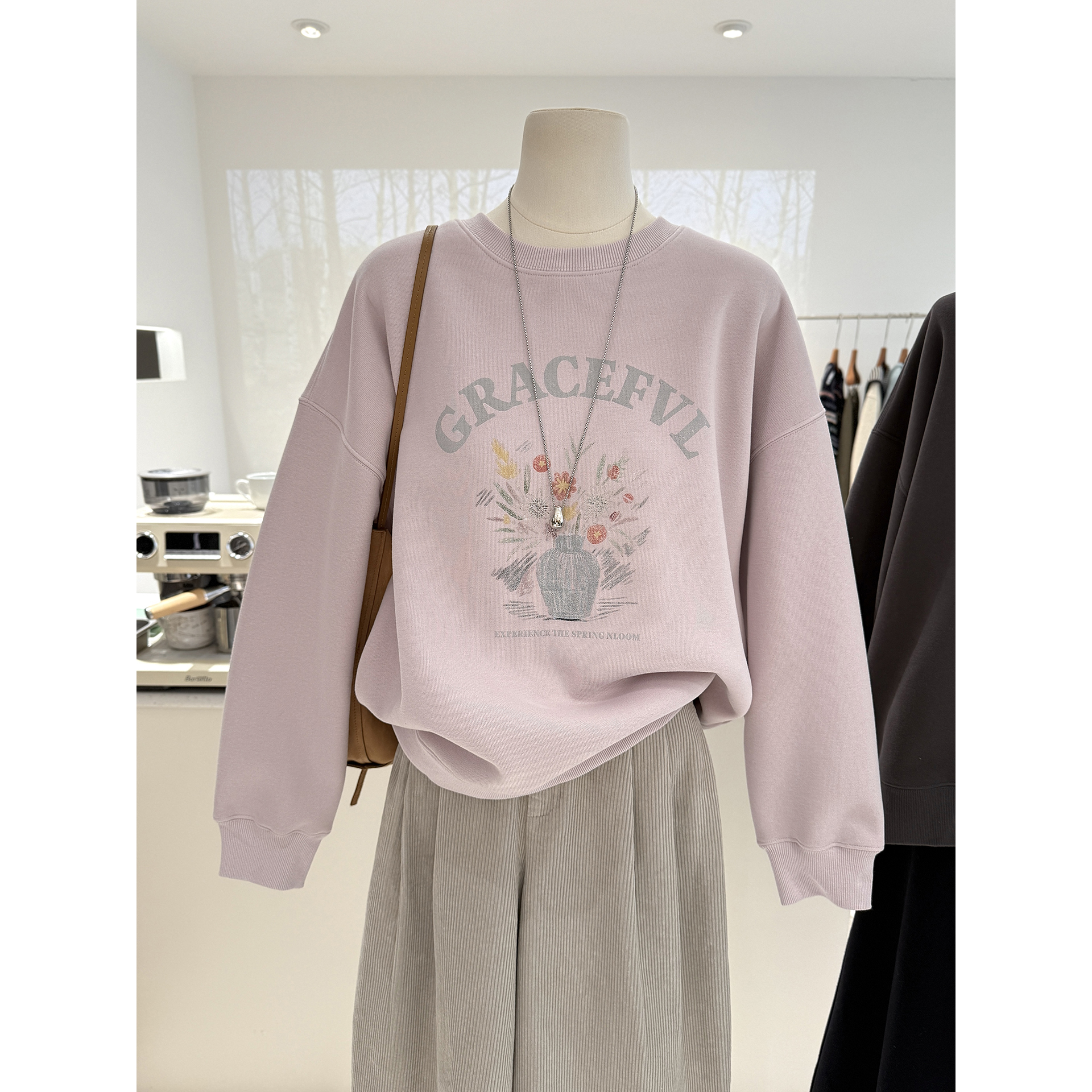 韩系复古印花宽松保暖加绒卫衣