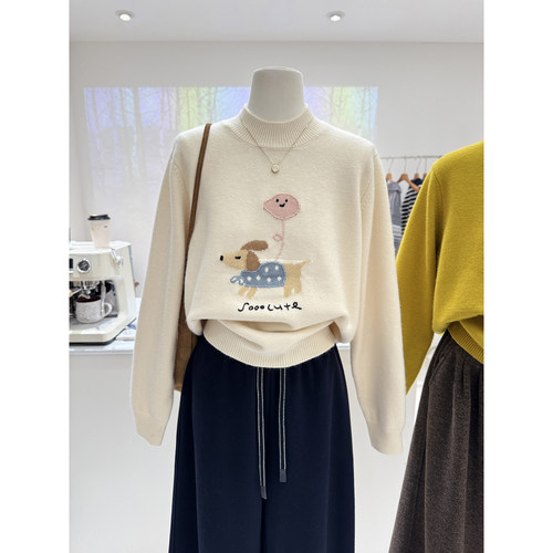 半高领卡通小狗提花韩系毛衣套头