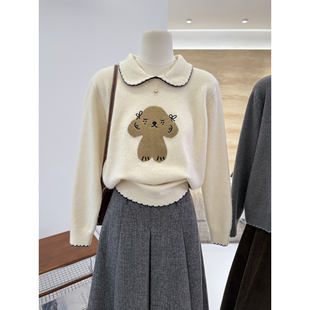秋冬新款 韩系百搭卡通小狗提花宽松显瘦保暖娃娃领套头针织毛衣女
