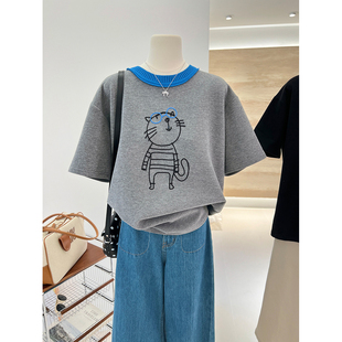 春季 打底T恤女上衣 新款 韩系百搭复古卡通小猫加厚拼色领口短袖