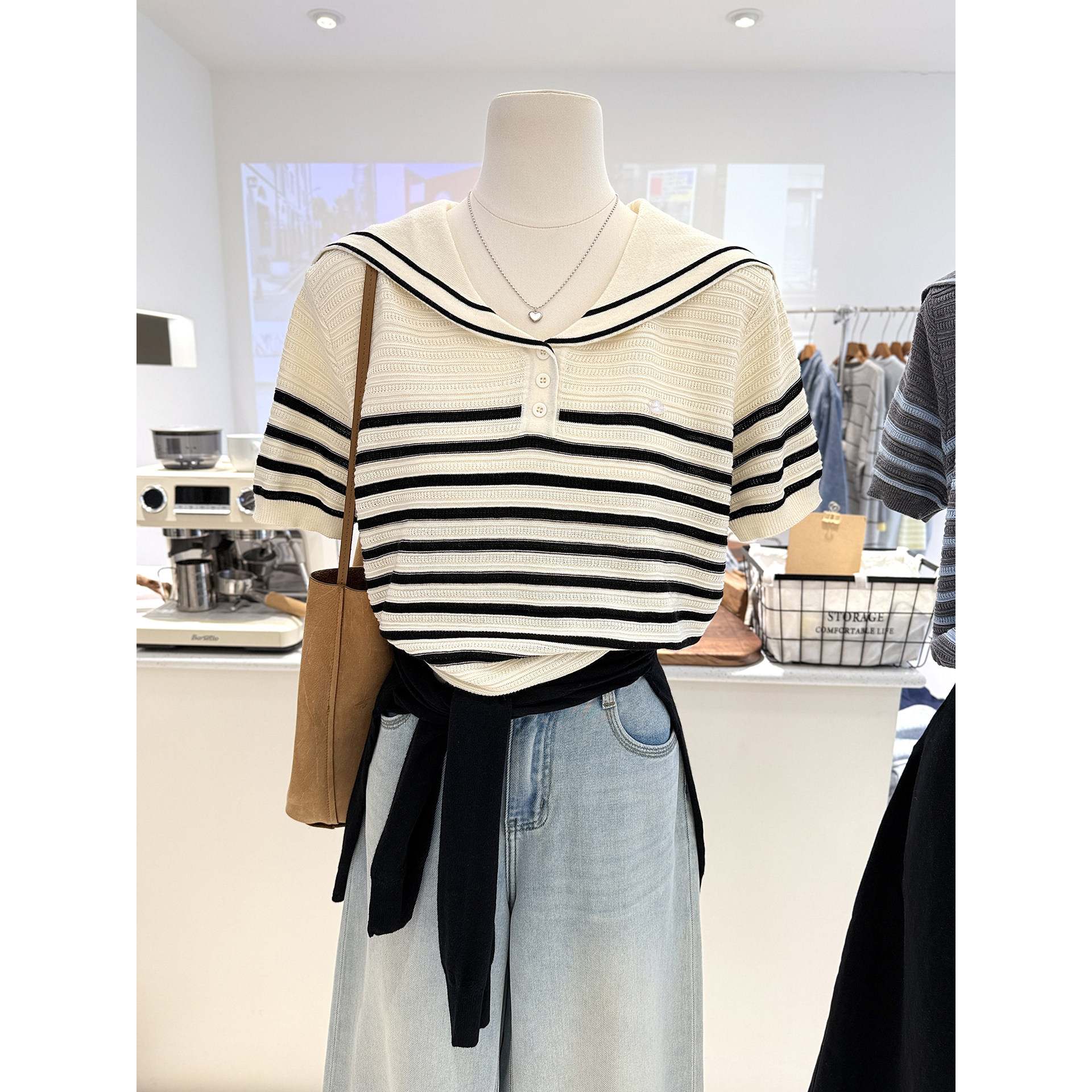 春夏新款海军领条纹针织衫女宽松设计感短袖套头薄款上衣松弛风