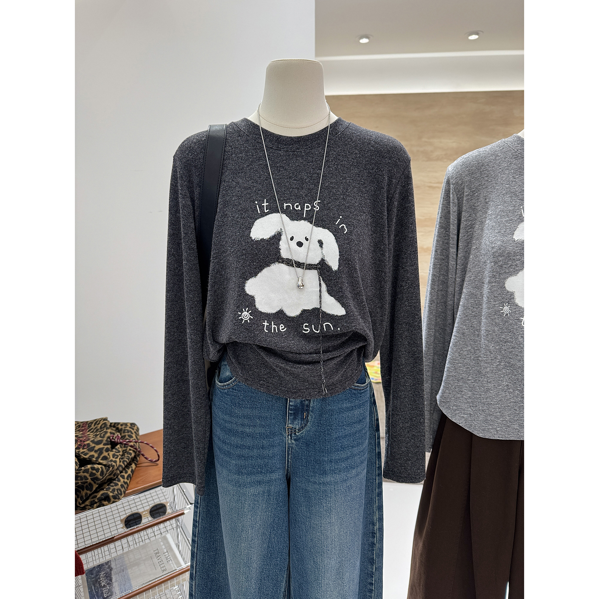 韩系卡通小狗系绳宽松显瘦T恤