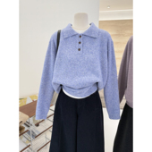 慵懒高级休闲翻领纽扣针织衫 套头毛衣蓝色通勤风外穿 女宽松长袖