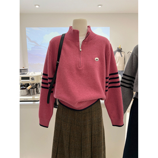 复古条纹半拉链高领时尚 秋冬新款 慵懒风宽松保暖针织毛衣女上衣