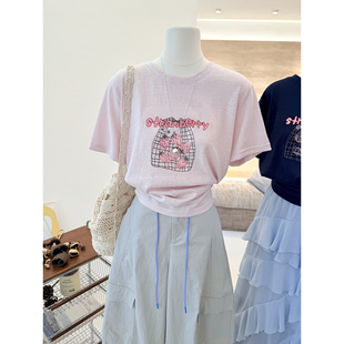夏季韩系清新文艺草莓刺绣短袖T恤女宽松圆领落肩袖减龄显瘦上衣