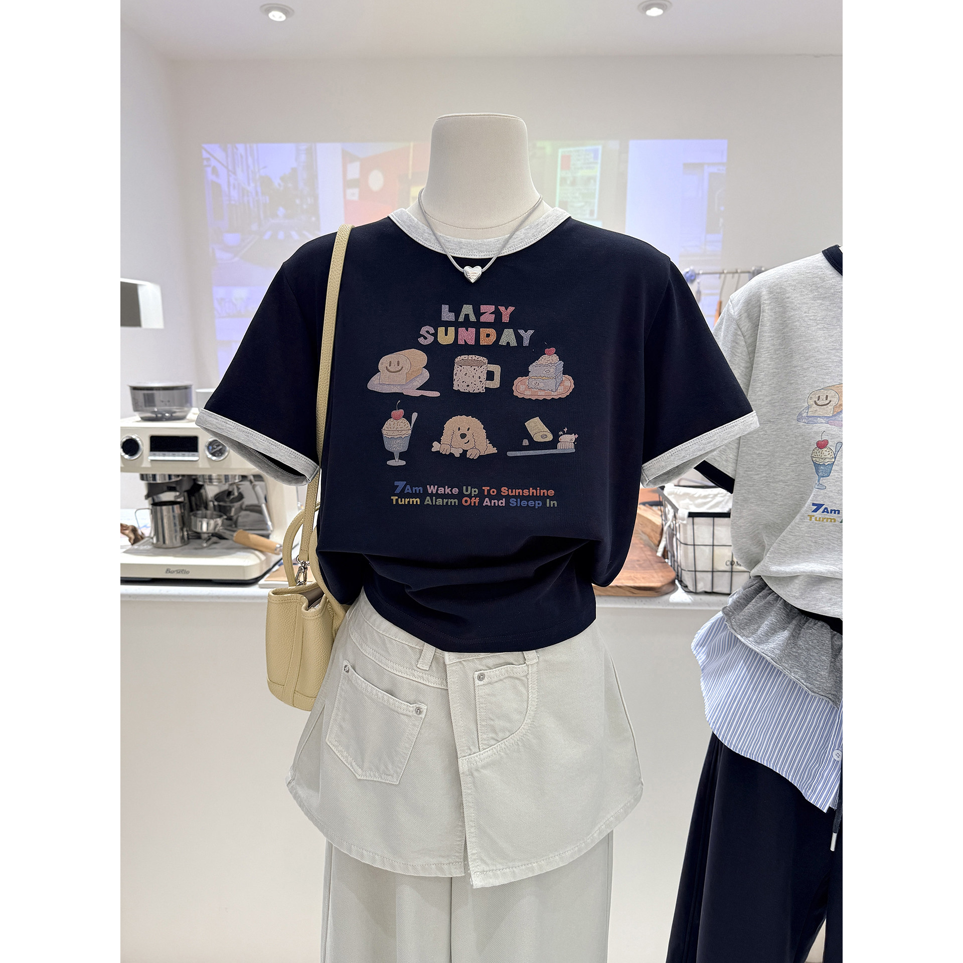 卡通风短袖T恤女春夏新款撞色圆领甜品印花宽松显瘦半袖百搭上衣