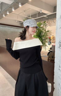 新款 针织衫 韩版 百搭一字肩长袖 女宽松显瘦上衣 时尚 2025秋款