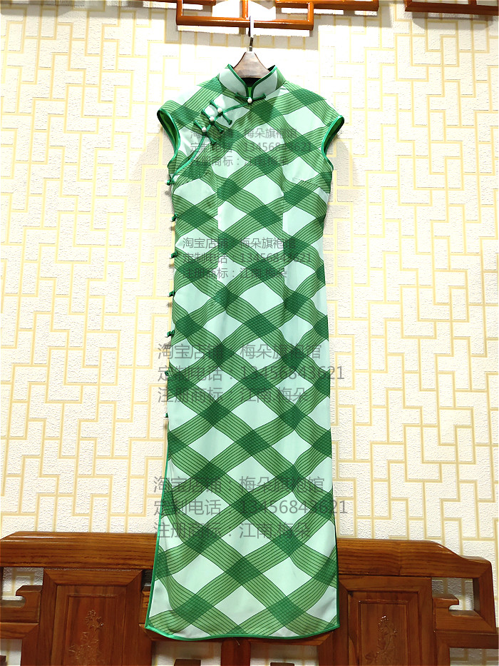 【梅朵旗袍馆】绿白斜格子  高档雪纺 手工旗袍私人定制 飘逸夏款