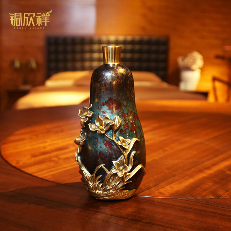铜欣祥 彩铜小兰花瓶客厅玄关家居装饰品实用摆设干花瓶花插摆件