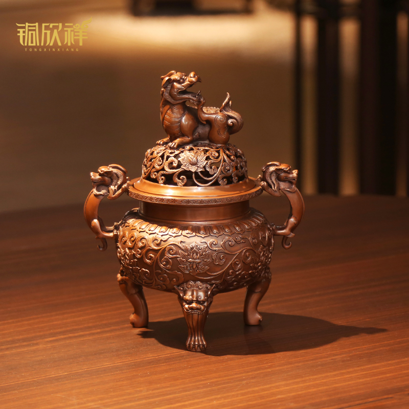 铜欣祥紫铜香炉大明狮子炉仿古新中式禅意香道熏香炉茶室茶桌摆件