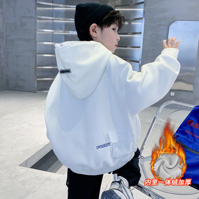 男童白色连帽纯棉卫衣秋冬款2024新款加绒加厚加绒冬装长袖上衣