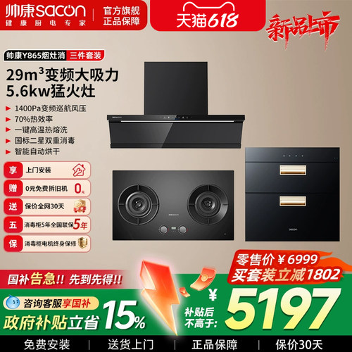 帅康Y865双层消毒烘干家用嵌入式触摸控制消毒柜烟灶消三件套