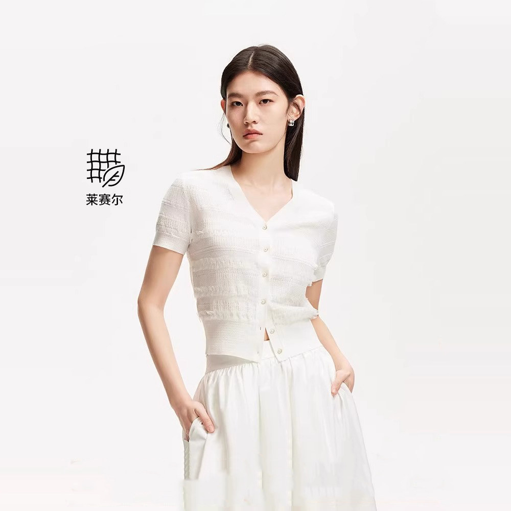 同款品质针织衫女2025夏新款淡人莱赛尔薄纱木耳花边修身天丝开衫