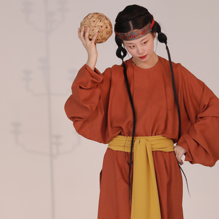 宽松显瘦日常 唐制复原汉服圆领袍女红色天丝长衫 谜阿凰 众乐朱