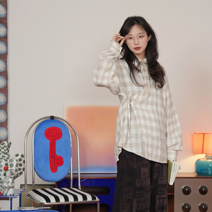 素女 复古宽松亚麻上衣秋冬日常日常汉元 谜阿凰 苏格麻格子衬衫