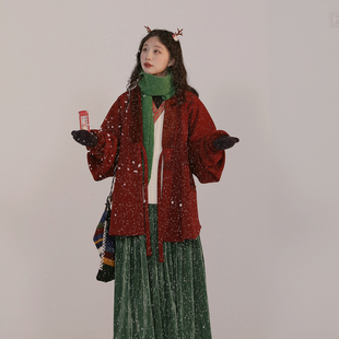 冬季 明制汉服套装 加厚松弛感日常穿搭拜年女 红色热岩绒 谜阿凰