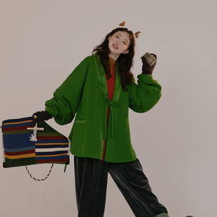 拜年撞色节日套装 明制加厚汉服上衣冬新中式 女 绿热岩绒 谜阿凰