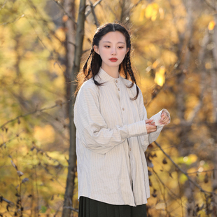 百搭亚麻内搭秋冬休闲女女2025新款 新中式 棉麻 度阡衬衫 谜阿凰