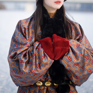 素改良中国风 汉元 谜阿凰双鹿织锦圆领袍高端加厚加绒汉服冬季 女款