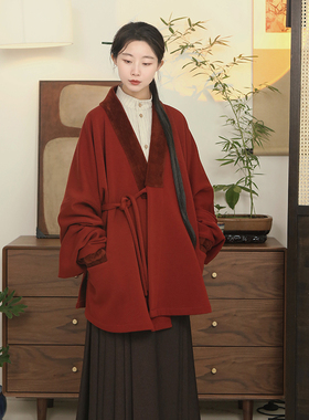 谜阿凰【红热岩绒】明制交领汉服上衣冬季加厚外套保暖红色拜年女
