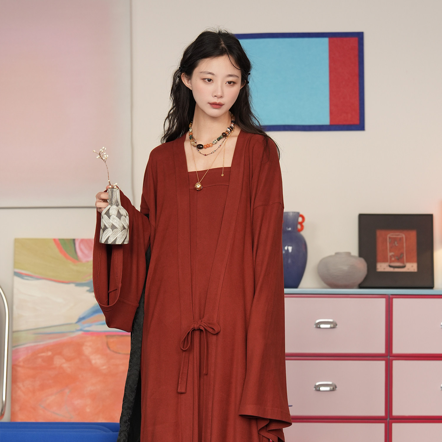 谜阿凰针织长开衫红色上衣吊带裙图片