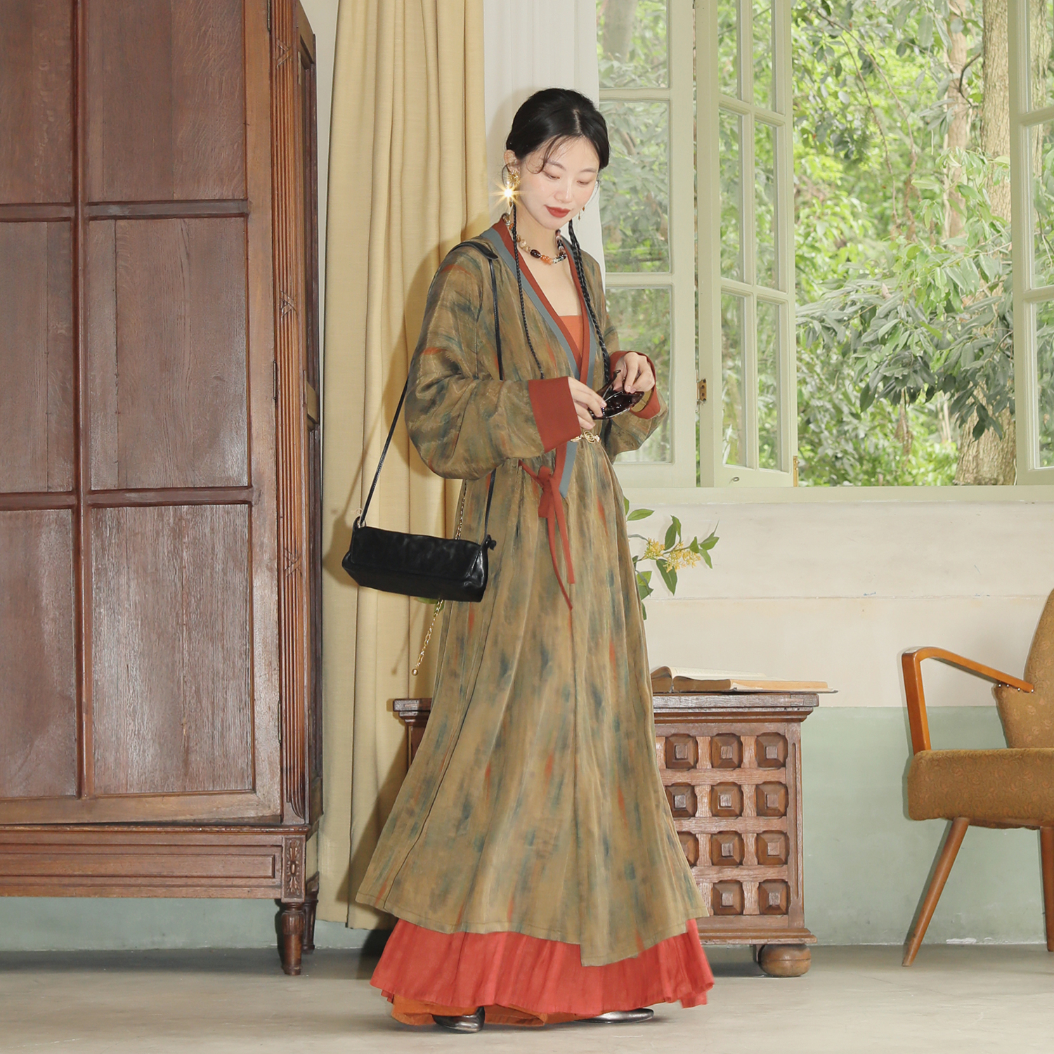 谜阿凰【油彩】宋制汉服直裰新中式女装仿花罗褶裙复古春秋季新品
