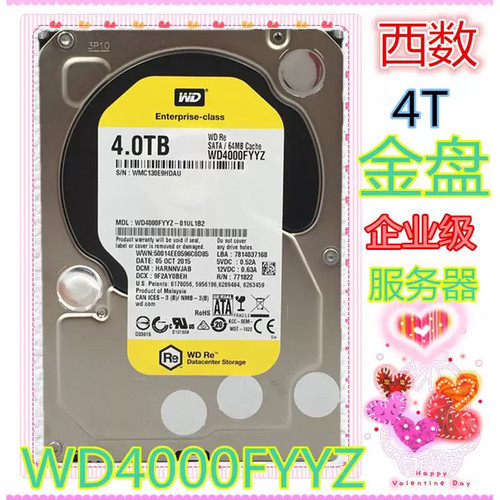 西数4T金盘WD4000FYYZ企业级监控机械硬盘台式黑盘WD4002FYYZ海康