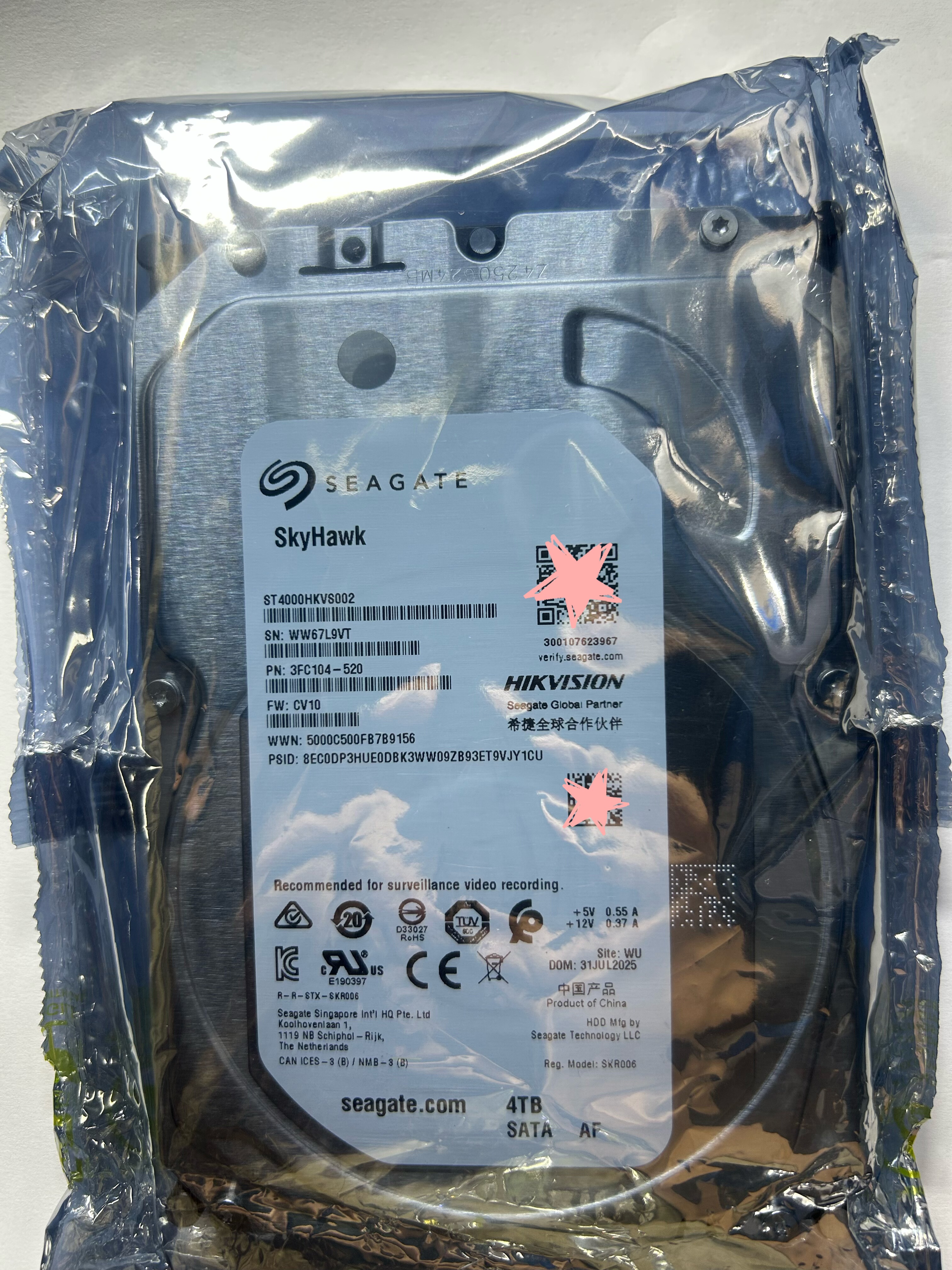 希捷4T硬盘ST4000VX015机械硬盘海康ST4000HKVS002监控录像机专用