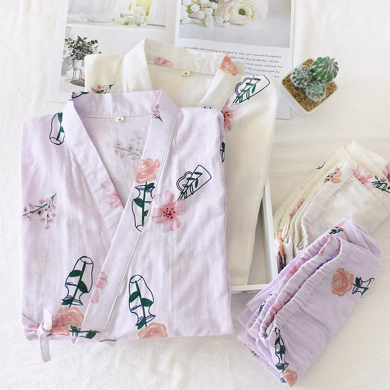 新 春夏纯棉梭织双层纱布 女款七八分袖长裤睡衣套装和服浴衣2-1