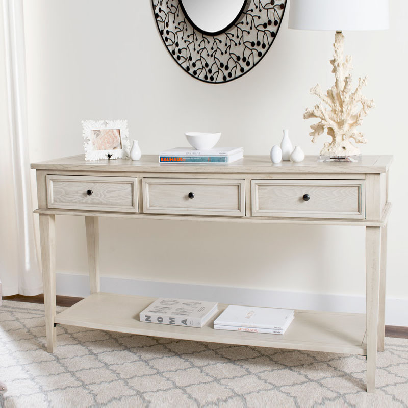 美式橡木玄关桌象牙白开放漆三斗玄关柜门厅长条桌子实木客厅家具