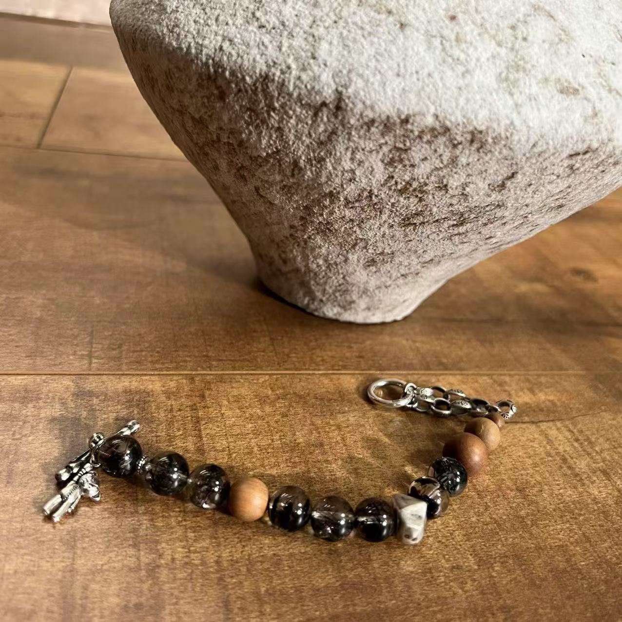 云与白手作/手工银/老山檀/黑发晶（布丁小熊）手链908