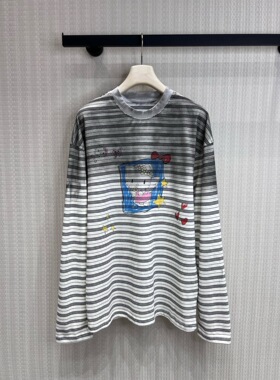 甜妹必入！HelloKitty涂鸦渐变条纹长袖T恤女宽松慵懒风减龄上衣