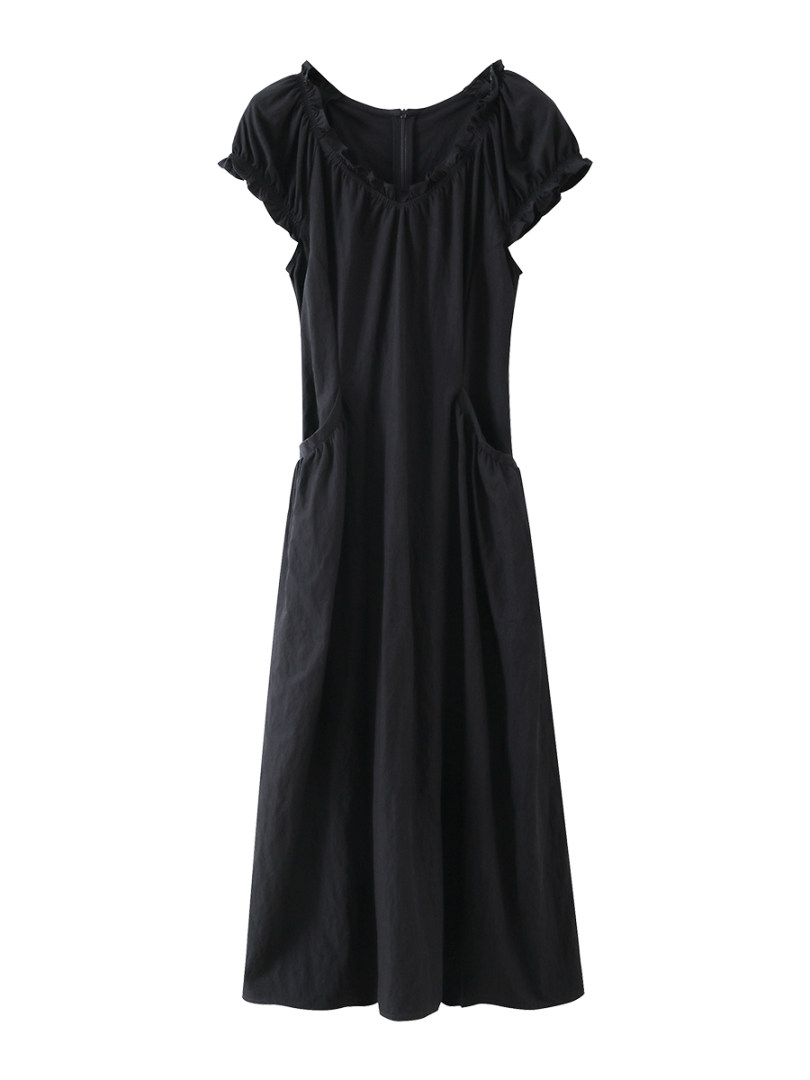 Black short-sleeve maxi dress laid flat on a white background