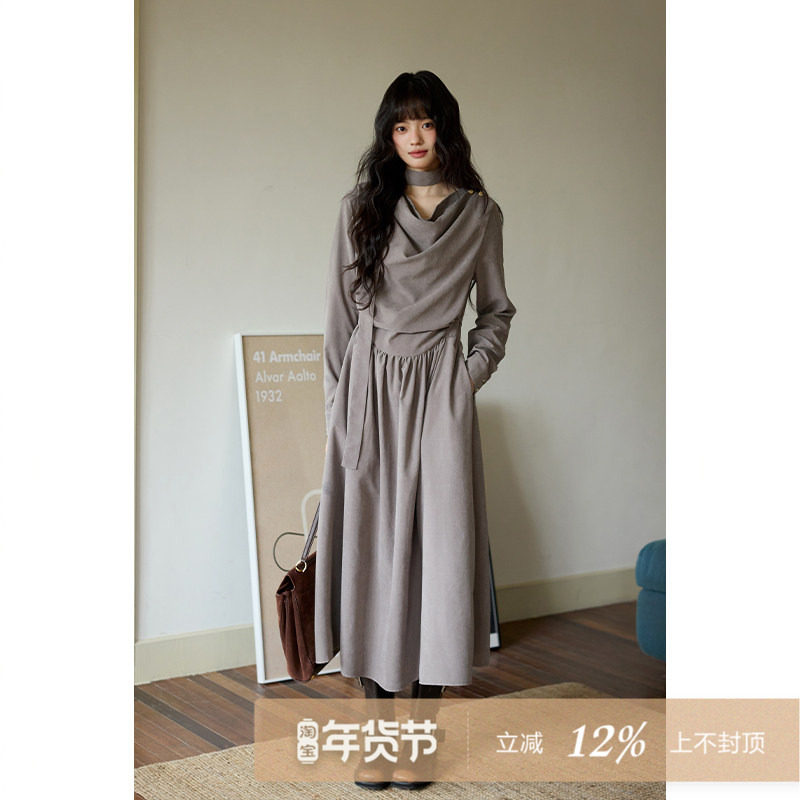 夕蒙2025新款秋冬韩系气质裙子宽松设计感小个子灰色飘带连衣裙女,女装/女士精品,连衣裙,淘宝优惠券,粉丝福利购,淘宝优惠卷