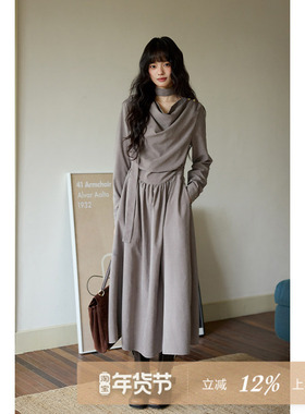 夕蒙2025新款秋冬韩系气质裙子宽松设计感小个子灰色飘带连衣裙女
