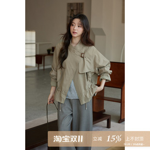 夕蒙2026新款秋季韩系莱赛尔棉麻斜门襟风衣卡其棕色廓形短款外套