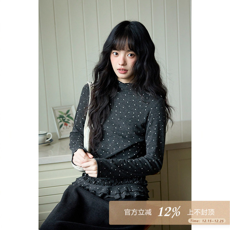 夕蒙2025新款秋冬韩系内搭打底衫小众流行修身深灰波点长袖t恤女