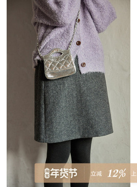 夕蒙2025新款冬季韩系流行半身裙小个子绝美高级小众灰色毛呢短裙