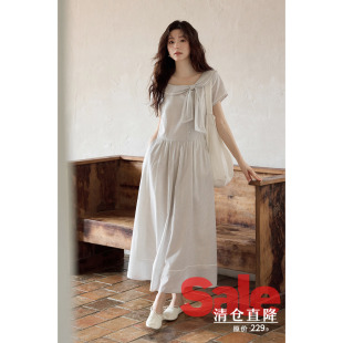 【夏末】夏季韩系温柔裙子长款浅蓝色条纹短袖娃娃领连衣裙女