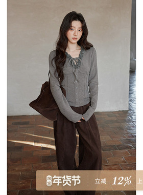 夕蒙2025新款冬季韩系气质上衣小众蕾丝拼接v领灰色系带长袖t恤