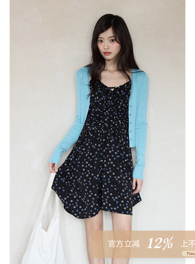 夕蒙2026新款春季韩系气质上衣小个子高级感独特漂亮蓝色针织开衫