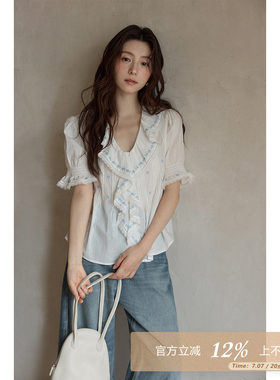 夕蒙2026新款夏季韩系高级好看中袖上衣白色v领蕾丝荷叶边衬衫女