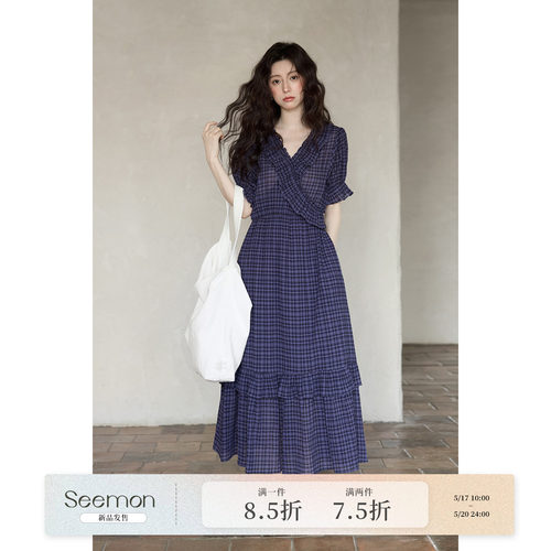 【夕蒙新品】夏季韩系海边丁达尔裙子蓝色木耳边v领格纹连衣裙女