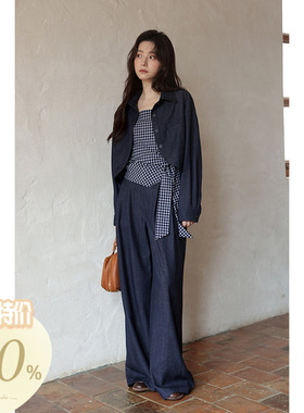 【大额立减】春秋韩系气质小个子设计感藏蓝外套吊带休闲裤三件套