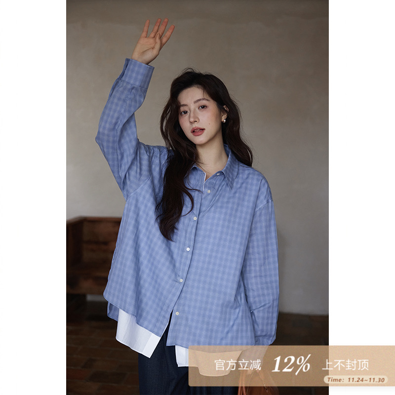 夕蒙2025新款秋法式气质上衣独特漂亮小个子小众拼接蓝色格子衬衫