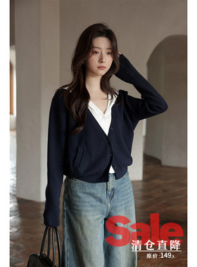 【清仓秒杀】秋季韩系假两件气质上衣小个子时尚小众藏蓝针织开衫