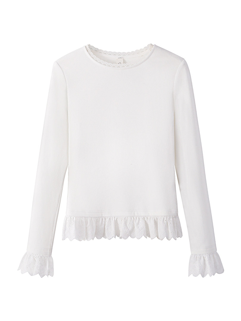 White long-sleeve top with scalloped trim on a plain background