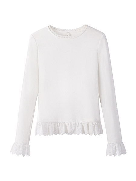 Model wearing a white long-sleeve blouse with lace trim cuffs and hem